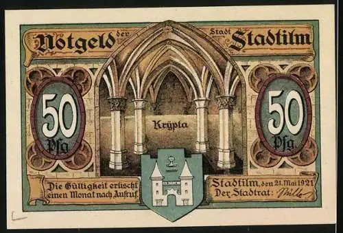 Notgeld Stadtilm, 1921, 50 Pfennig, Rathaus und Kryptaabbildung