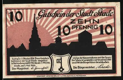 Notgeld Stade, 1920, 10 Pfennig, Gutschein der Stadt Stade mit Stadtsilhouette und Sonnenaufgang