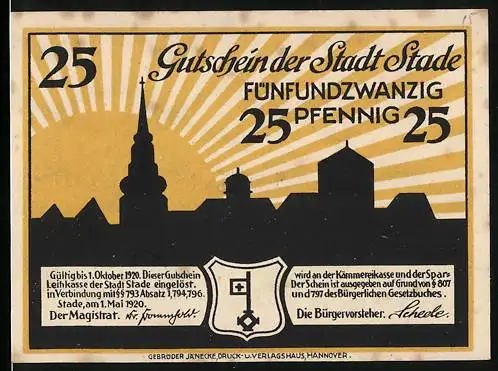 Notgeld Stade 1920, 25 Pfennig, Silhouette mit Sonnenstrahlen und Stadtwappen