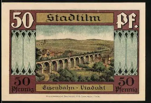 Notgeld Stadtilm, 1921, 50 Pfennig, Eisenbahn-Viadukt und Krypta