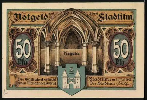 Notgeld Stadtilm, 1921, 50 Pfennig, Eisenbahn-Viadukt und Krypta