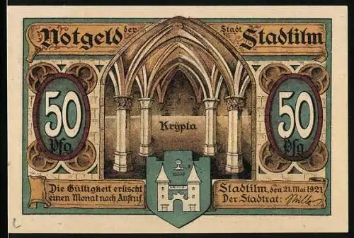 Notgeld Stadtilm, 1921, 50 Pfennig, Darstellung der Krypta und Stadtkirche
