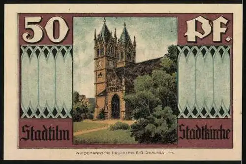 Notgeld Stadtilm, 1921, 50 Pfennig, Darstellung der Krypta und Stadtkirche