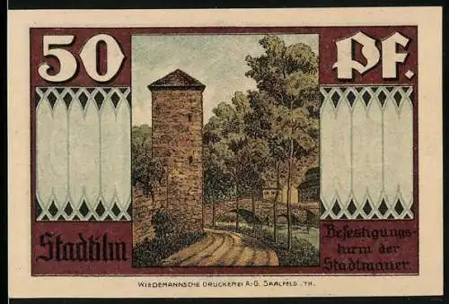 Notgeld Stadtilm, 1921, 50 Pf, Befestigungsturm der Stadtmauer und Krypta