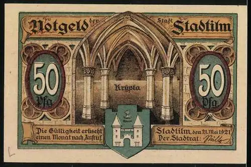 Notgeld Stadtilm, 1921, 50 Pf, Befestigungsturm der Stadtmauer und Krypta