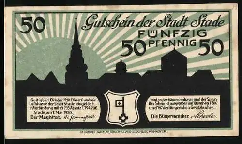 Notgeld Stade 1920, 50 Pfennig, Gutschein mit Stadtansicht und Wappen, gültig bis 1. Oktober 1920