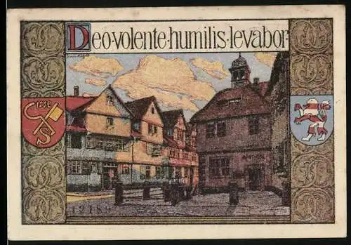 Notgeld Bad Sooden an der Werra, 1921, 10 Pfennig, Stadtansicht mit Gebäuden und Wappen, Deo volente humilis levabor