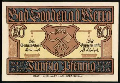 Notgeld Bad Sooden a.d. Werra, 50 Pfennig, Stadtwappen und Ortsansicht mit Spruch Deo volente humilis levabor
