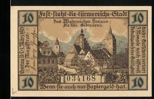 Notgeld Sorau 1921, 10 Pfennig, Stadtansicht mit Kirchen und Wappen mit Hirsch und Wolf