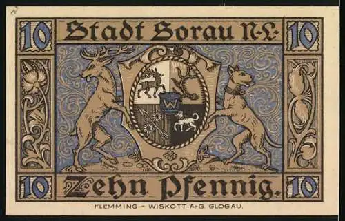 Notgeld Sorau 1921, 10 Pfennig, Stadtansicht mit Kirchen und Wappen mit Hirsch und Wolf