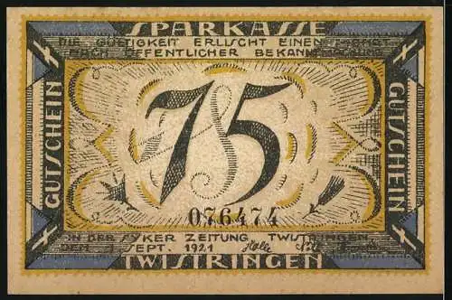 Notgeld Twistringen 1921, 75 Pfennig, Sparkasse Gutschein mit Glocke und Figur