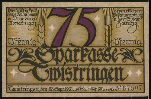 Notgeld Twistringen 1921, 75 Pfennig, Grabhorst Gretens Gold, Sparkasse Twistringen