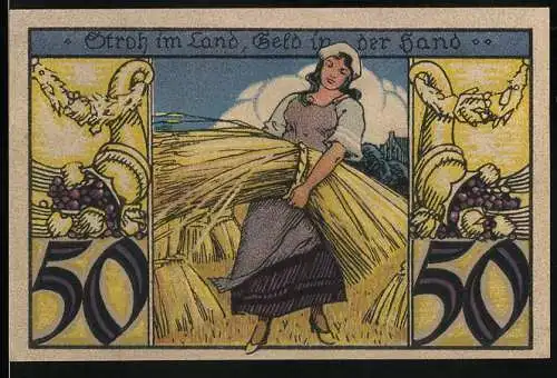 Notgeld Twistringen 1921, 50 Pfennig, Erntefrau mit Garbe und Ornamente, Sparkasse Twistringen
