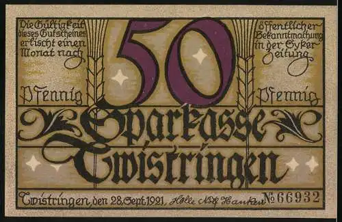 Notgeld Twistringen 1921, 50 Pfennig, Erntefrau mit Garbe und Ornamente, Sparkasse Twistringen