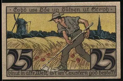 Notgeld Twistringen, 1921, 25 Pfennig, Bauer beim Mähen mit Windmühle und Kirche im Hintergrund