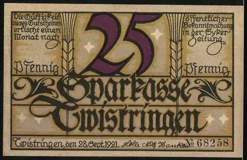 Notgeld Twistringen, 1921, 25 Pfennig, Bauer beim Mähen mit Windmühle und Kirche im Hintergrund