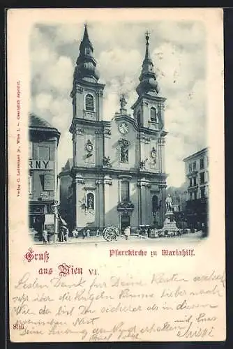 AK Wien, Pfarrkirche zu Mariahilf mit Passanten