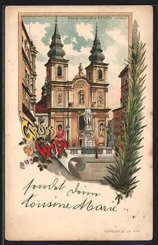 Lithographie Wien, Mariahilferkirche und Haydn-Denkmal