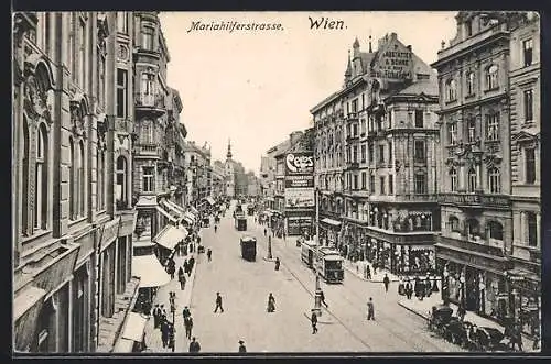 AK Wien, Geschäfte und Strassenbahnen in der Mariahilferstrasse