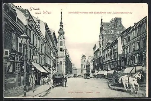 AK Wien, Mariahilferstrasse mit Stiftskirche u. Laimgrubenkirche, Strassenbahn, Pferdekutsche