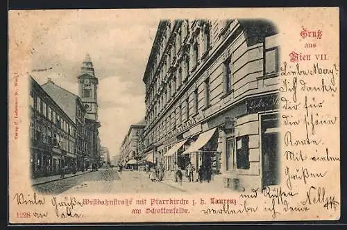 AK Wien, Westbahnstrasse mit Pfarrkirche z. h. Laurenz am Schottenfelde