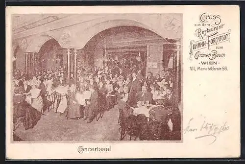AK Wien, Restaurant Zum grünen Baum Johann Förchtgott, Mariahilferstr. 56, Konzertsaal, Innenansicht