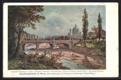 Lithographie Wien, Kirche mit Elisabethbrücke