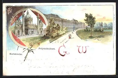 Lithographie Wien, Karlskirche und Polytechnikum