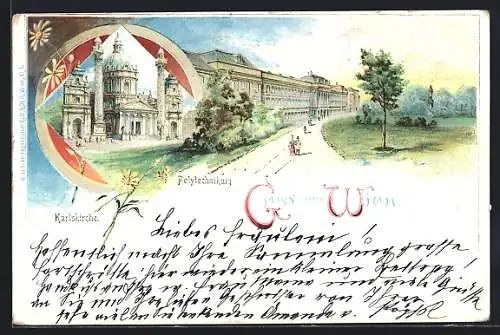 Lithographie Wien, Karlskirche, Polytechnikum
