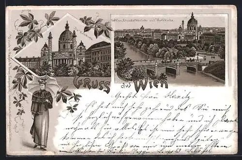 Lithographie Wien, Karlskirche, Elisabethbrücke und Karlskirche