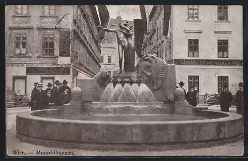 AK Wien, Mozartplatz, Mozart-Brunnen mit Geschäften