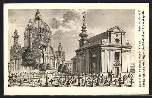Künstler-AK Wien, Die Karlskirche mit Bürgerspitalfriedhof und Rochuskapelle