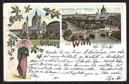 Lithographie Wien, Karlskirche, Elisabethbrücke und Karlskirche