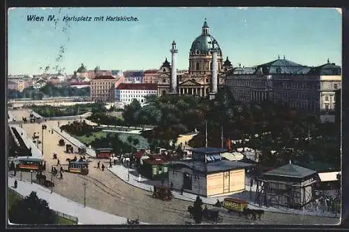 AK Wien, Strassenbahn am Karlsplatz mit Karlskirche