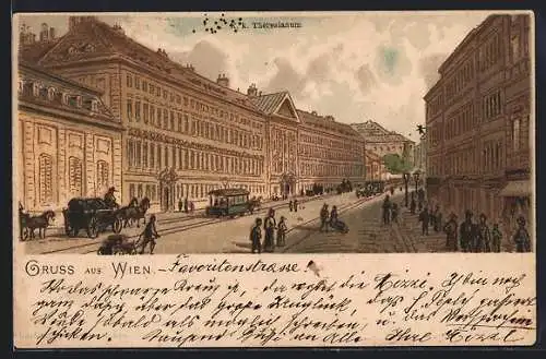 Lithographie Wien, Strassenbahnen am K. k. Theresianum