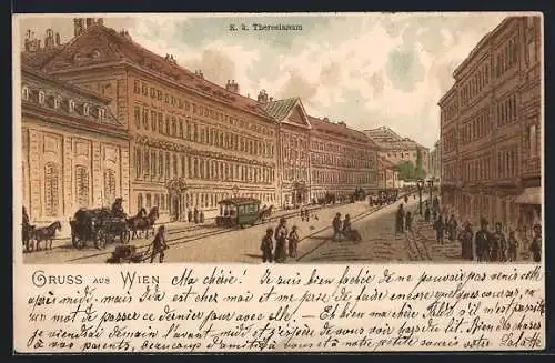Lithographie Wien, Strassenpartie mit K. k. Theresianum, Pferdebahn