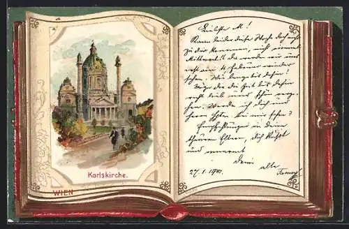 Lithographie Wien, Karlskirche im Buch-Passepartout