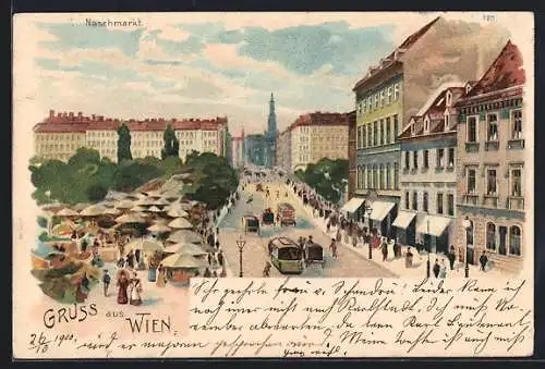Künstler-AK Wien IV, Naschmarkt mit Strassenbahn