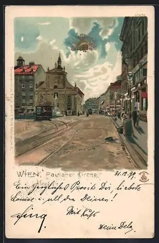 Lithographie Wien, Strassenansicht mit Paulaner Kirche und Strassenbahn