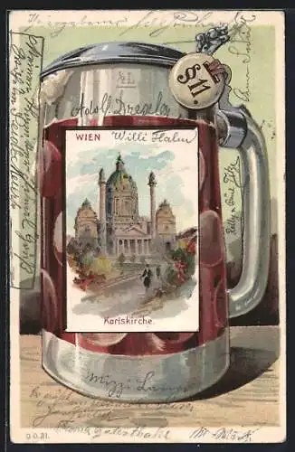 Lithographie Wien, Karlskirche im Bierkrug-Passepartout