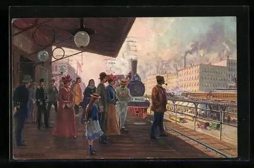 Künstler-AK Alexander Kircher: New York, Elevated Railroads, Bowery Station, Bahnhof