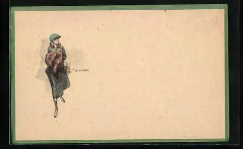 Künstler-AK sign. Lenhart: Dame in blauer Mütze mit Mistelzweig in der Hand