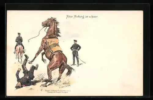 Künstler-AK C. Becker: Kavallerie-Reiter fällt vom Pferd, Aller Anfang ist schwer