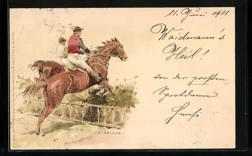 Künstler-AK C. Becker: Hürdensprung mit dem Pferd