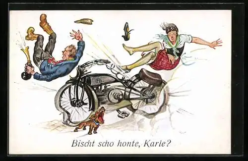 Künstler-AK Hans Boettcher: In gehobener Stimmung soeben angekommen, Paar fliegt vom Motorrad