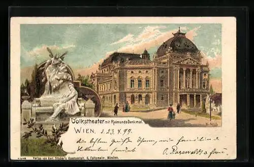 Künstler-AK Wien, Volkstheater mit Raimunds-Denkmal