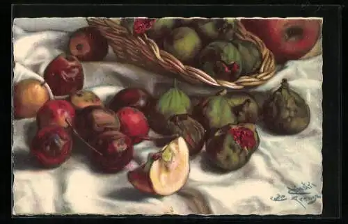 Künstler-AK Carlo Chiostri: Stillleben mit Äpfeln und Feigen
