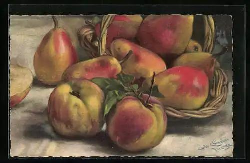 Künstler-AK Carlo Chiostri: Reife, saftige Früchte vor einem Weidenkorb