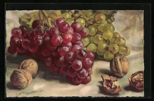 Künstler-AK Carlo Chiostri: Herbstliches Stilleben mit Weintrauben und Walnüssen