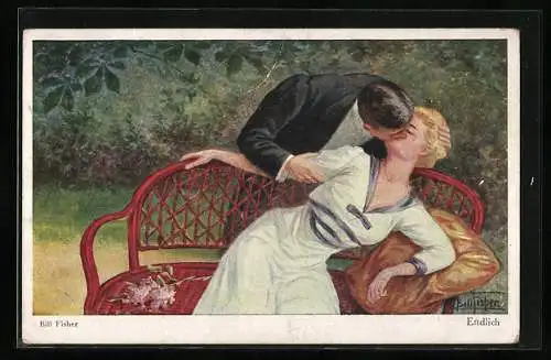 Künstler-AK Bill Fisher: Eleganter Herr küsst die Dame auf der Parkbank